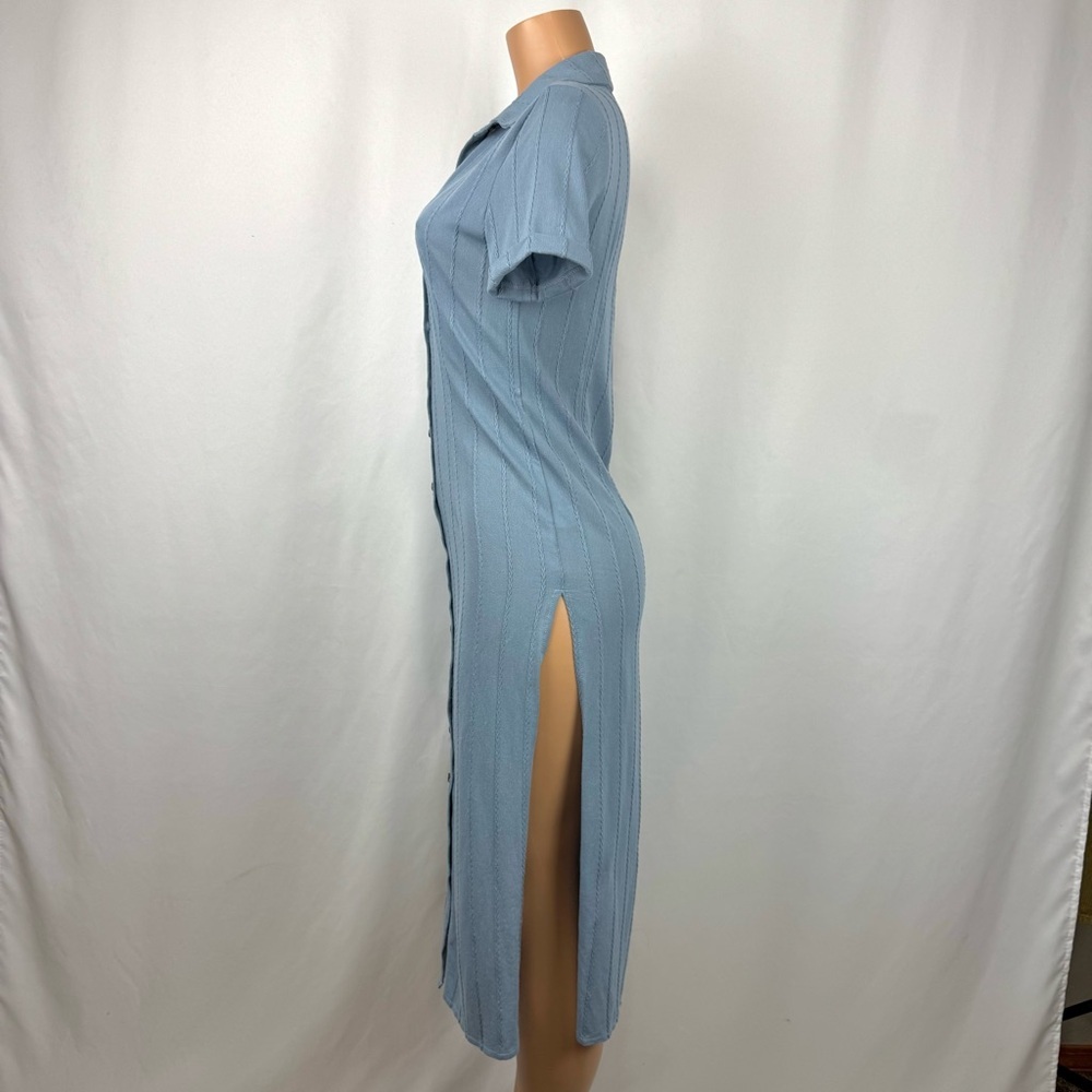 SkyLar Rose Dust Blue Maxi Buttoned Tunic Dress /Duster High Cut Side Slits Sz S - Picture 5 of 13